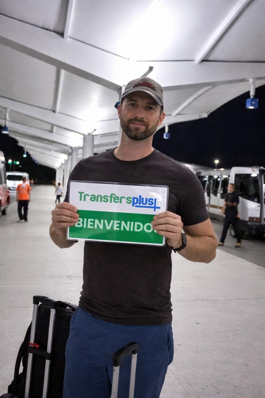 Travelers at Cancun Airport before boarding a private van to Costa Mujeres