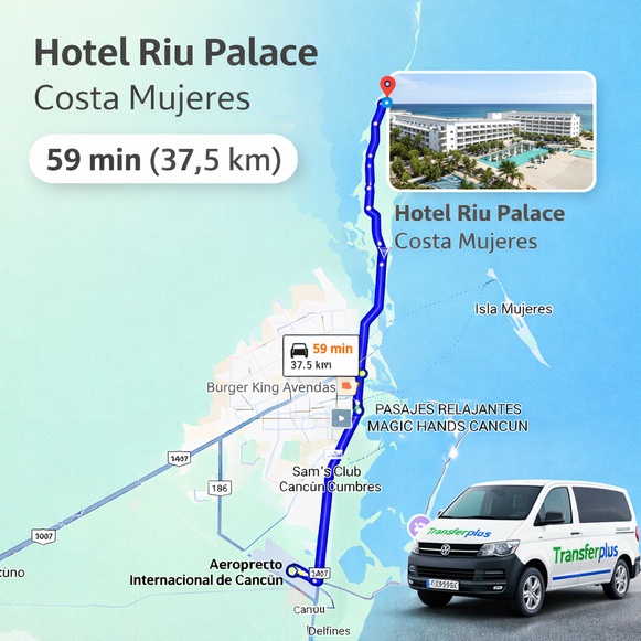 Hoe ver is Cancun Airport van Hotel Riu Palace Costa Mujeres?