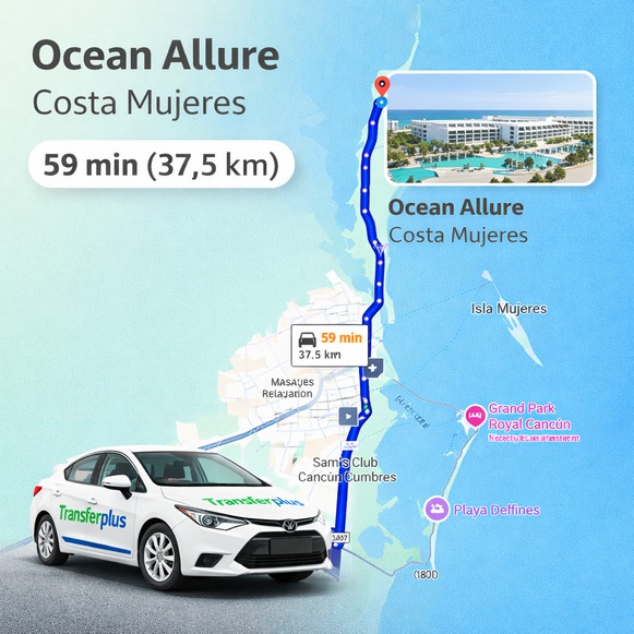 Hoe ver is Cancun Airport van Ocean Allure Costa Mujeres?