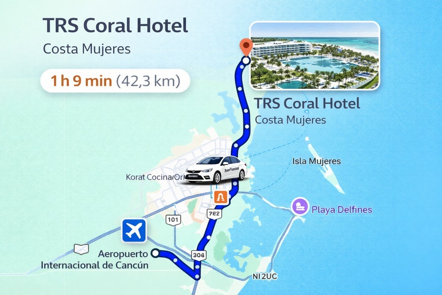 ¿Qué tan lejos está el Aeropuerto de Cancún de TRS Coral Hotel?