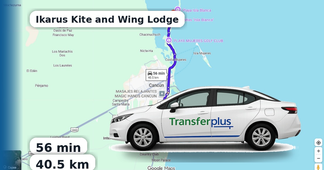 Wie weit ist der Flughafen Cancun von Ikarus Kite and Wing Lodge entfernt?